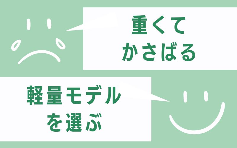 ① 重くてかさばる → 軽量モデルを選ぶ